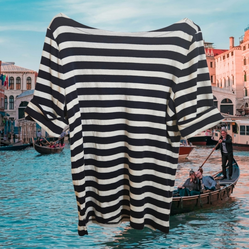 Lauren Ralph Lauren Navy and White Cuffed Sleeve Striped Tee Nautical Size XL